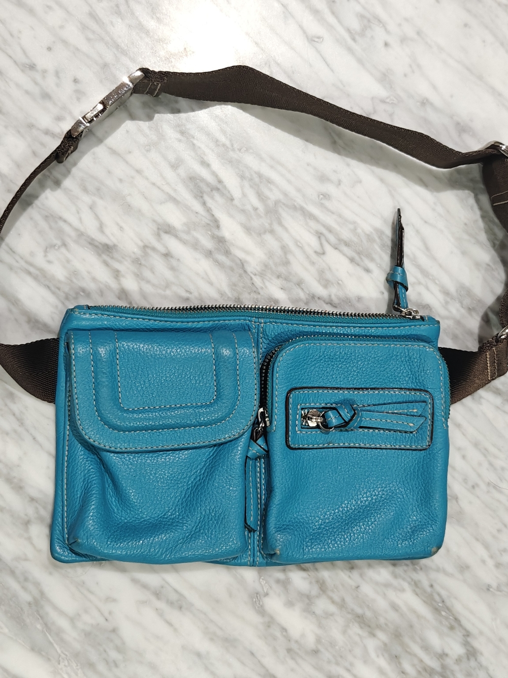 Danier Turquoise Leather Belt Bag with Brown Strap